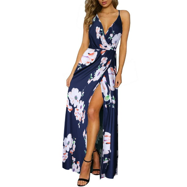 Women Summer Maxi Dress Floal Print Open Back Cami Dress V-Neck Long Dress Summer Beach Skirt Casual Party Dress 2021